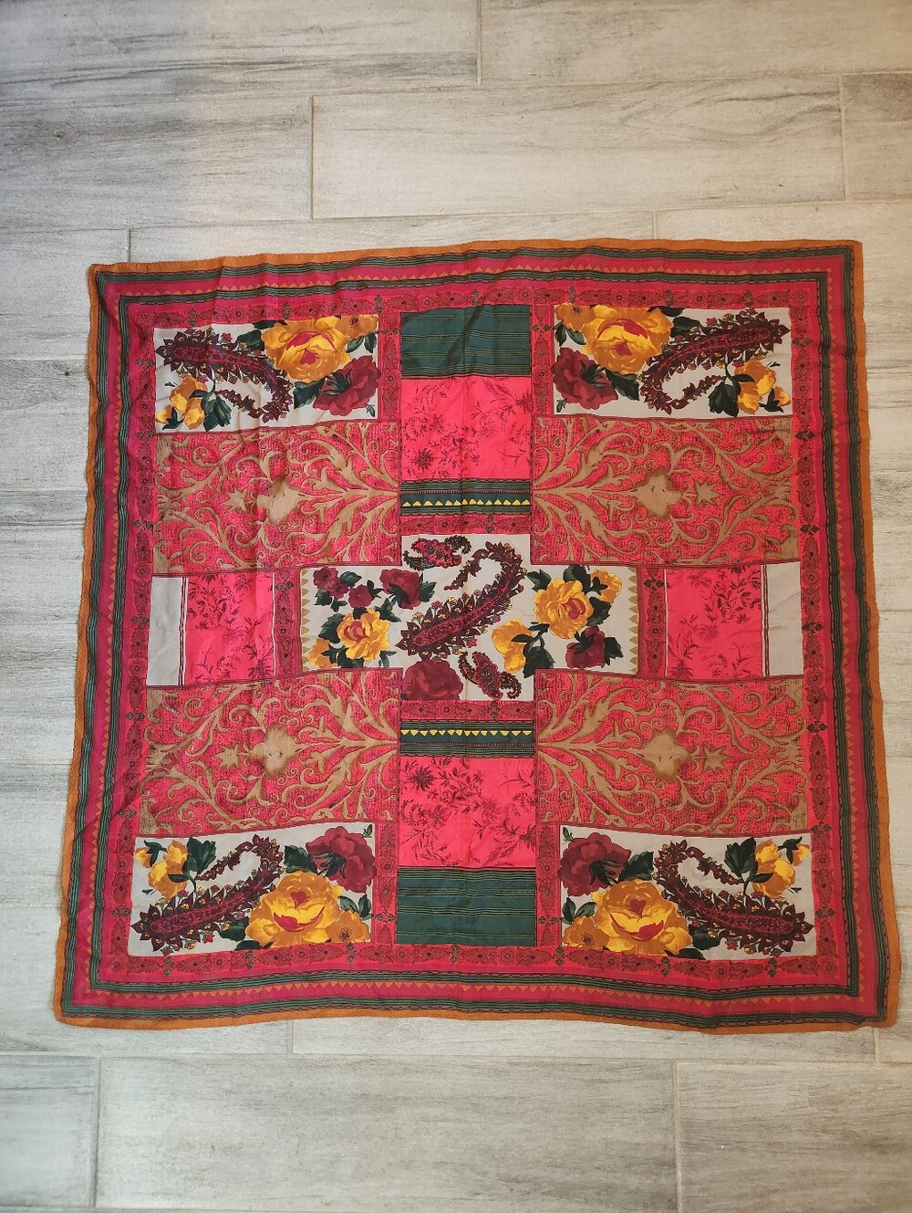 Artsy Scarf Red Green Gold 100% Silk Giant Floral Paisley Patchwork Made Korea